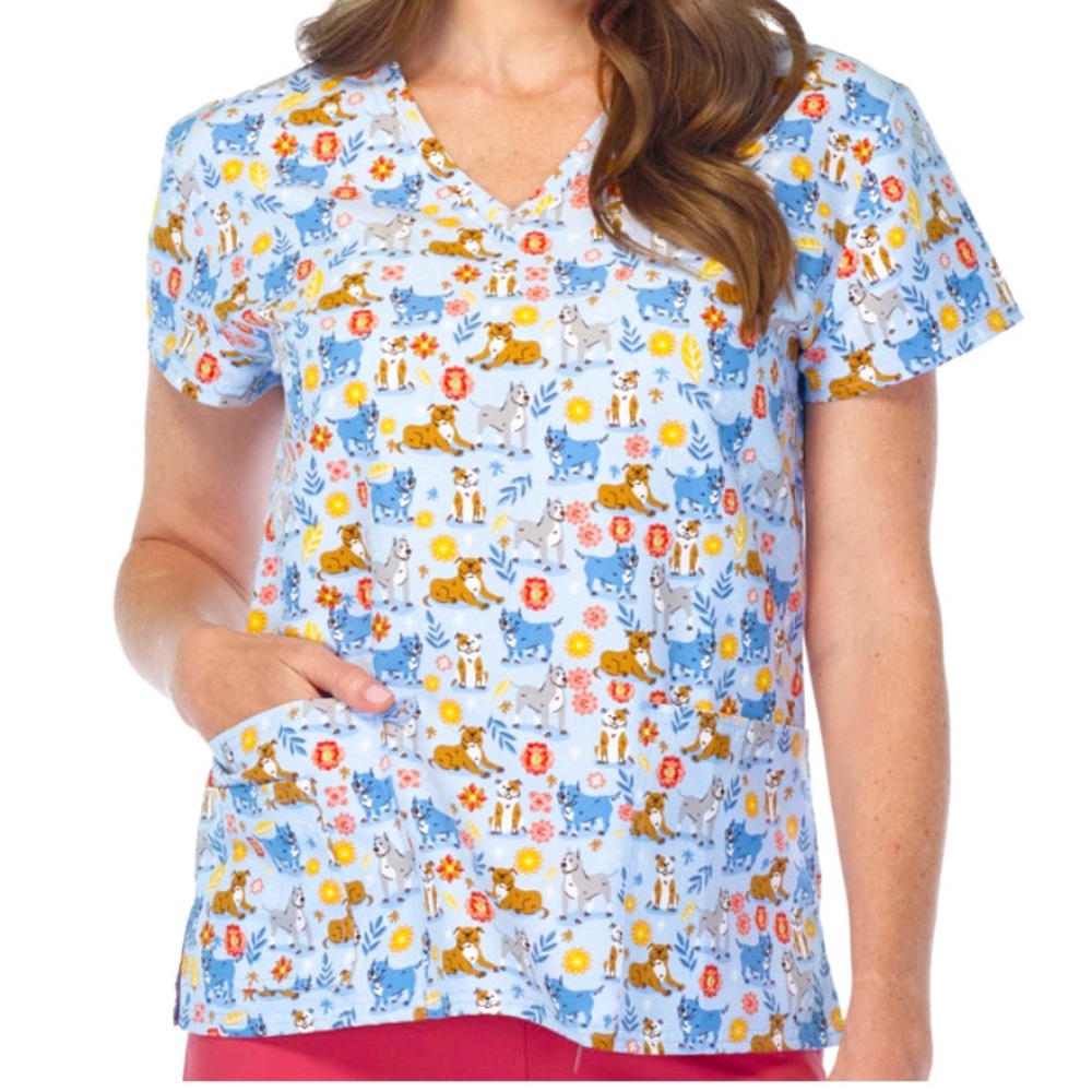NWT Women’s Medium Dog & Floral Print Scrubfinity Basix Scrub Top